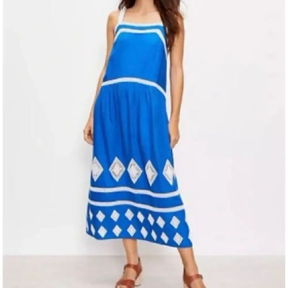 Loft blue linen embroidered drop waist midi dress small